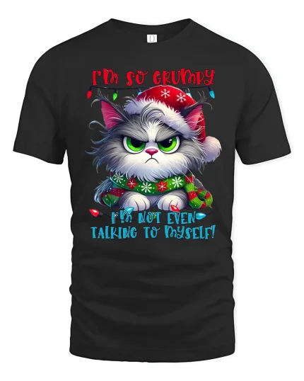 Funny Grumpy Cat Tee with Holiday Humor and Cute Angry Style - black t-shirt on white background