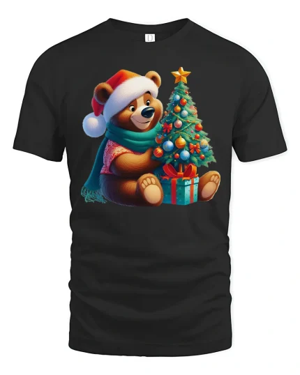 Cute Christmas Bear Tee with Festive Tree and Holiday Gift Art - black t-shirt on white background