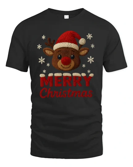 Cute Merry Christmas Reindeer Tee with Festive Holiday Knit Art - black t-shirt on white background