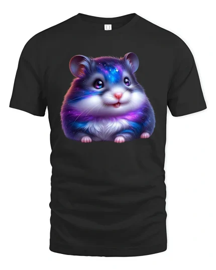 Galaxy Hamster Tee with Cute Cosmic Cartoon Space Pet Art - black t-shirt on white background