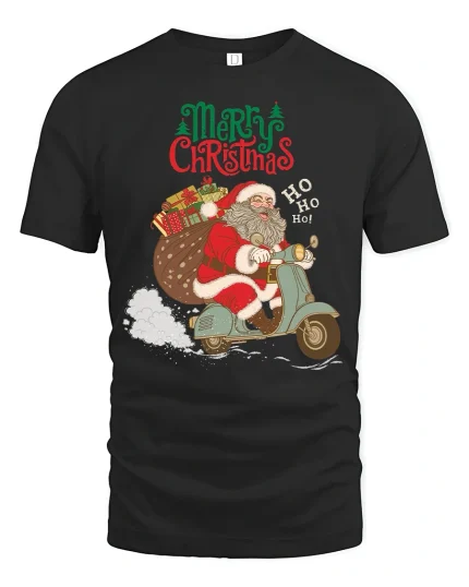 Santa Riding Scooter Merry Christmas Tee with Festive Art Print - black t-shirt on white background