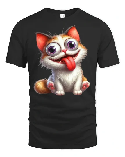 Funny Crazy Eyed Cat Tee with Cute Tongue Out Cartoon Design - black t-shirt on white background