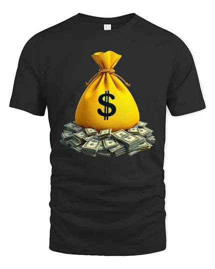 Money Bag Tee with Pile of Cash Graphic Rich Vibes Style - black t-shirt on white background