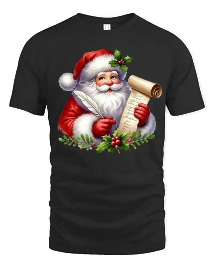 Santa Claus List Tee with Vintage Christmas Holiday Artwork - black t-shirt on white background