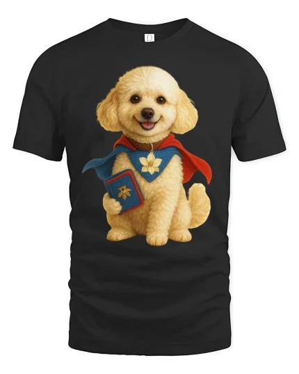 Super Pup Hero Tee with Cute Dog in Cape Fantasy Art Design - black t-shirt on white background