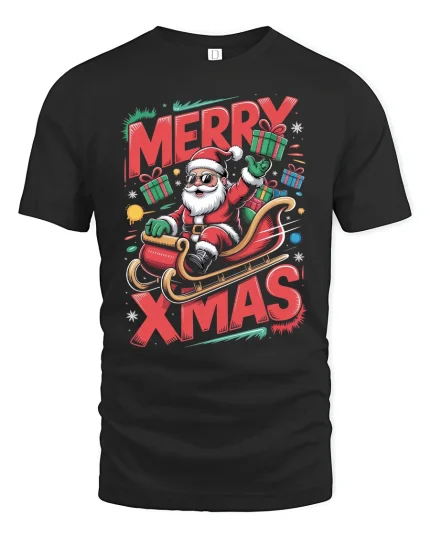 Merry Xmas Santa Sleigh Ride Tee with Fun Holiday Graphic Art - black t-shirt on white background