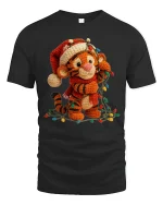 Cute Crochet Tiger Tee with Christmas Lights and Cozy Style - black t-shirt on white background