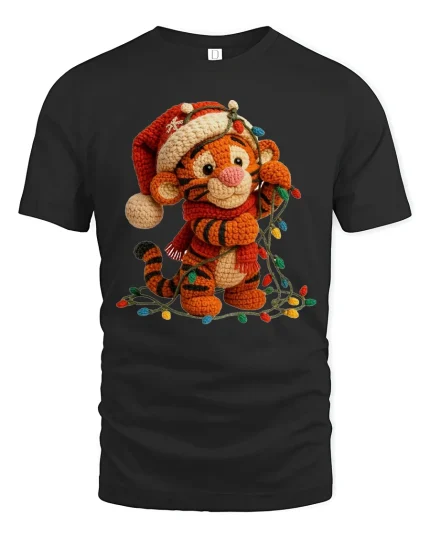Cute Crochet Tiger Tee with Christmas Lights and Cozy Style - black t-shirt on white background