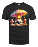 Cute Ice Cream Gnome Reading Tee with Colorful Sweet Art Print - black t-shirt on white background