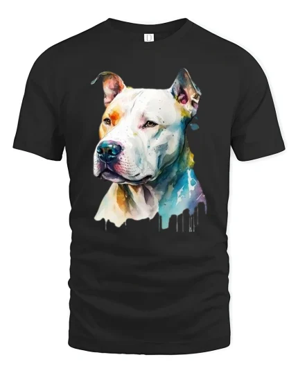 Watercolor Pitbull Art Tee with Colorful Bold Dog Illustration - black t-shirt on white background