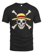 Straw Hat Pirate Skull Tee with Bold Crossbones Graphic Art - black t-shirt on white background