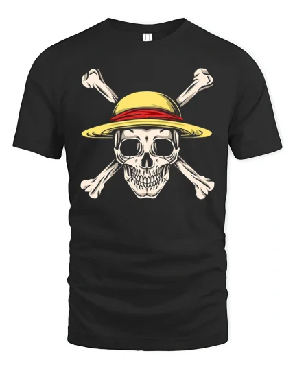 Straw Hat Pirate Skull Tee with Bold Crossbones Graphic Art - black t-shirt on white background