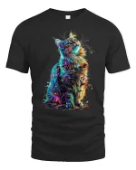 Vibrant Rainbow Cat Tee with Colorful Artistic Feline Design - black t-shirt on white background