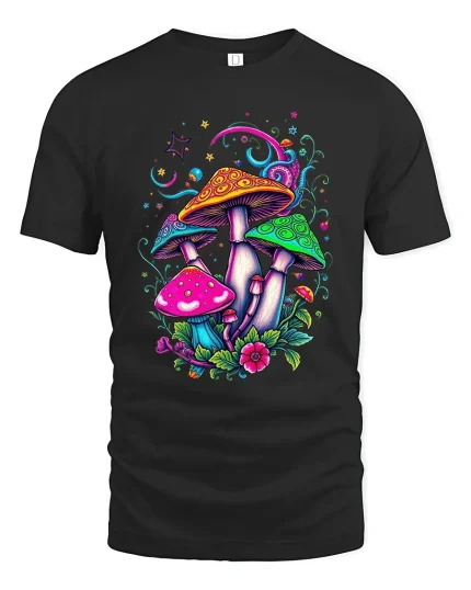 Psychedelic Rainbow Mushroom Tee with Colorful Fantasy Art - black t-shirt on white background