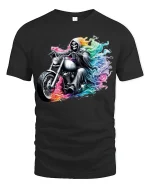 Rainbow Reaper Motorcycle Tee with Colorful Rider Artwork - black t-shirt on white background