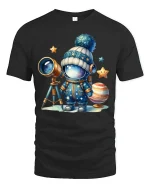 Cute Space Explorer Tee with Telescope and Adorable Astronaut - black t-shirt on white background