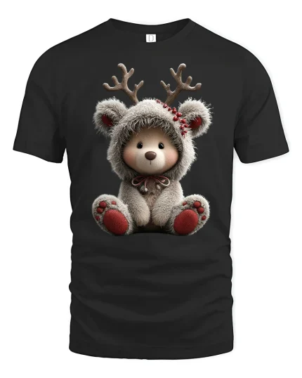 Cute Reindeer Bear Tee with Cozy Winter Hoodie and Soft Style - black t-shirt on white background