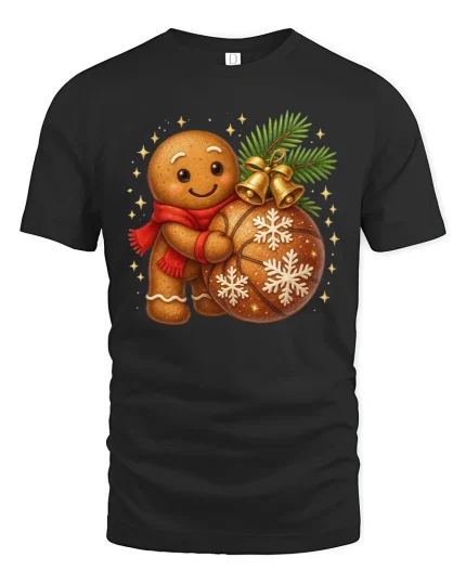 Cute Gingerbread Tee with Festive Ornament and Holiday Cheer - black t-shirt on white background