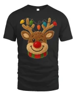 Cute Reindeer Tee with Colorful Christmas Lights and Cozy Charm - black t-shirt on white background