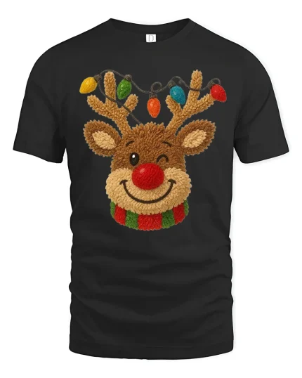 Cute Reindeer Tee with Colorful Christmas Lights and Cozy Charm - black t-shirt on white background