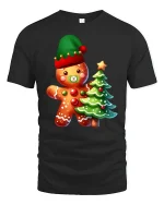 Cute Gingerbread Tee with Christmas Tree and Festive Holiday Charm - black t-shirt on white background