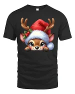 Cute Reindeer Christmas Tee with Santa Hat and Adorable Holiday Art - black t-shirt on white background