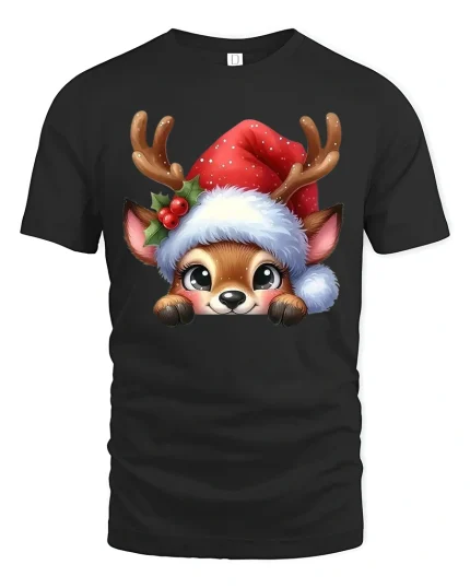 Cute Reindeer Christmas Tee with Santa Hat and Adorable Holiday Art - black t-shirt on white background
