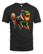 Cozy Winter Dog Tee with Cute Pup in Green Jacket Holiday Style - black t-shirt on white background