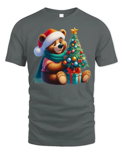 Cute Christmas Bear Tee with Festive Tree and Holiday Gift Art - gray t-shirt on white background