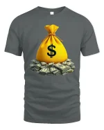 Money Bag Tee with Pile of Cash Graphic Rich Vibes Style - gray t-shirt on white background