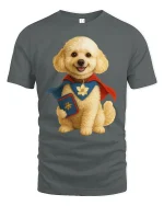 Super Pup Hero Tee with Cute Dog in Cape Fantasy Art Design - gray t-shirt on white background