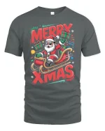 Merry Xmas Santa Sleigh Ride Tee with Fun Holiday Graphic Art - gray t-shirt on white background