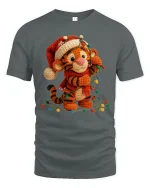 Cute Crochet Tiger Tee with Christmas Lights and Cozy Style - gray t-shirt on white background