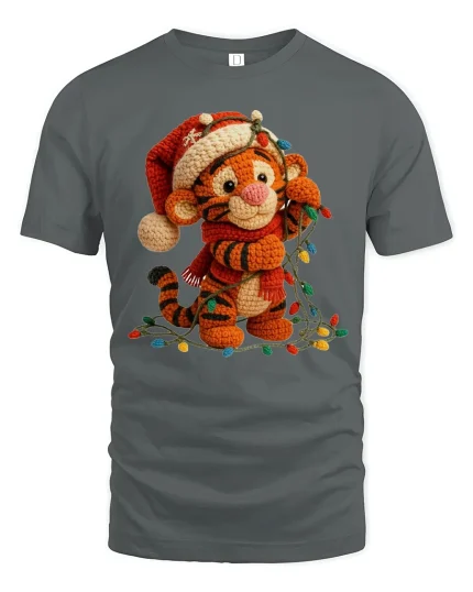 Cute Crochet Tiger Tee with Christmas Lights and Cozy Style - gray t-shirt on white background