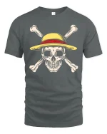 Straw Hat Pirate Skull Tee with Bold Crossbones Graphic Art - gray t-shirt on white background