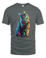 Vibrant Rainbow Cat Tee with Colorful Artistic Feline Design - gray t-shirt on white background