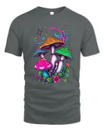 Psychedelic Rainbow Mushroom Tee with Colorful Fantasy Art - gray t-shirt on white background