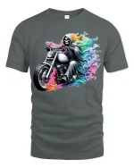 Rainbow Reaper Motorcycle Tee with Colorful Rider Artwork - gray t-shirt on white background