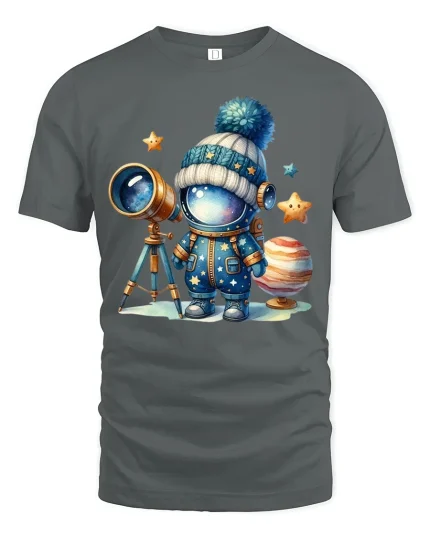 Cute Space Explorer Tee with Telescope and Adorable Astronaut - gray t-shirt on white background