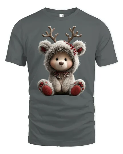 Cute Reindeer Bear Tee with Cozy Winter Hoodie and Soft Style - gray t-shirt on white background