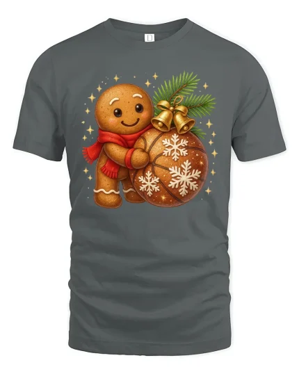 Cute Gingerbread Tee with Festive Ornament and Holiday Cheer - gray t-shirt on white background