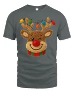 Cute Reindeer Tee with Colorful Christmas Lights and Cozy Charm - gray t-shirt on white background
