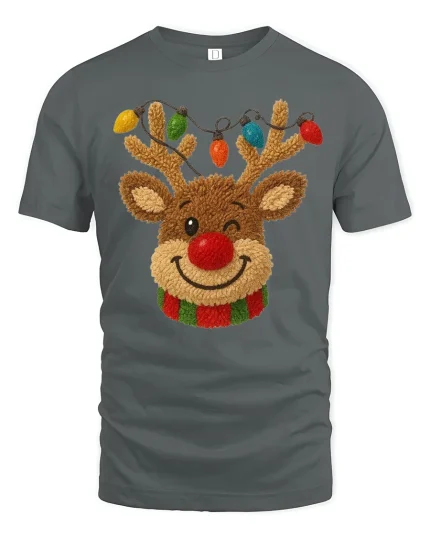 Cute Reindeer Tee with Colorful Christmas Lights and Cozy Charm - gray t-shirt on white background