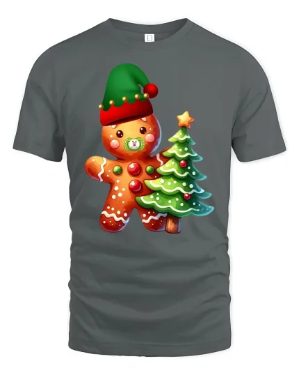 Cute Gingerbread Tee with Christmas Tree and Festive Holiday Charm - gray t-shirt on white background