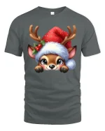 Cute Reindeer Christmas Tee with Santa Hat and Adorable Holiday Art - gray t-shirt on white background