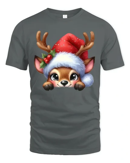 Cute Reindeer Christmas Tee with Santa Hat and Adorable Holiday Art - gray t-shirt on white background