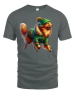 Cozy Winter Dog Tee with Cute Pup in Green Jacket Holiday Style - gray t-shirt on white background