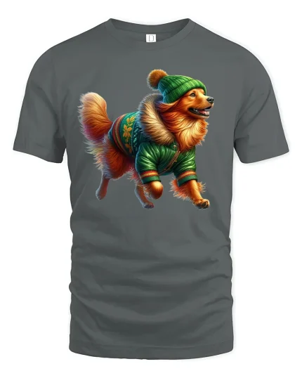 Cozy Winter Dog Tee with Cute Pup in Green Jacket Holiday Style - gray t-shirt on white background