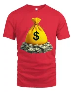 Money Bag Tee with Pile of Cash Graphic Rich Vibes Style - red t-shirt on white background