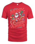 Merry Xmas Santa Sleigh Ride Tee with Fun Holiday Graphic Art - red t-shirt on white background